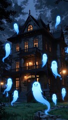 Glowing Anime Ghosts Floating Around a Dark Gothic Mansion at Night