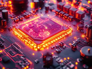 Obraz premium intricate macro shot of a computer processor, with neon led lights illuminating its surface, showcasing the complexity of technology and modern hardware in vivid detail