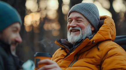 Obraz premium Two men enjoy warm drinks outdoors, smiling in cozy winter attire amidst a forest backdrop at sunset.