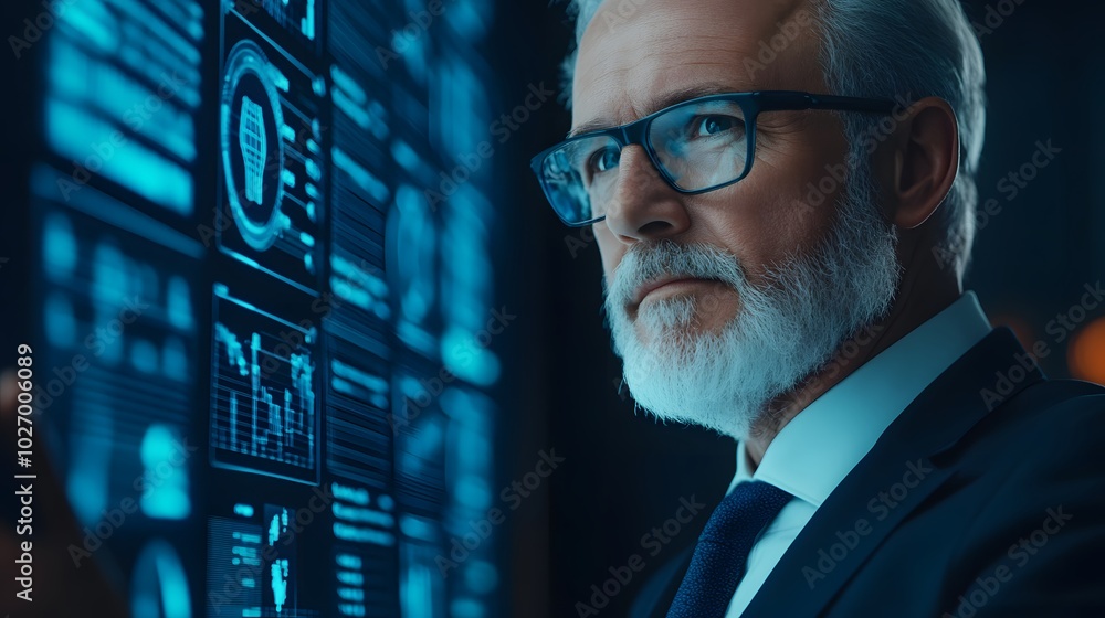 Poster a focused businessman analyzes data on a digital interface, showcasing a high-tech environment and e