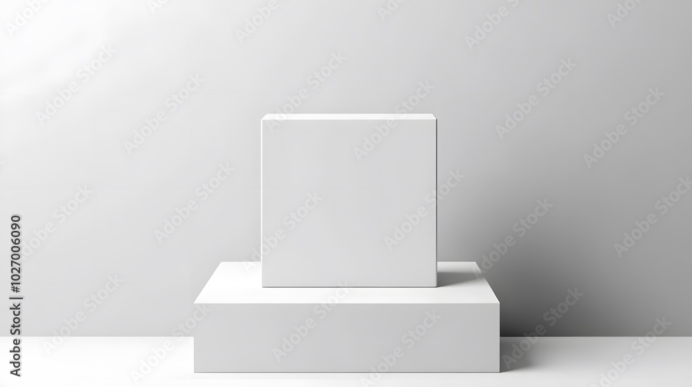 Poster a minimalistic display featuring two white cuboids on a clean surface against a neutral background, 