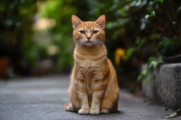 Obraz premium A confident orange cat sits serenely on a pathway, surrounded by lush greenery, radiating calm and curiosity.