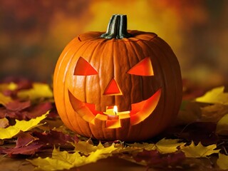 A festive Halloween scene featuring a carved pumpkin jack o lantern on the grass and another pumpkin hanging from a tree, surrounded by colorful autumn leaves