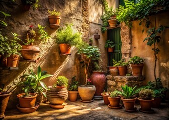 Fototapeta premium Rustic Patio with Large Clay Pots and Green Plants in Low Light Photography