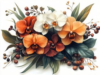 lively illustration of a variety of orchid flowers in full bloom, combined with verdant green leaves on a clean white background, perfect for floral arrangements and decorative accents