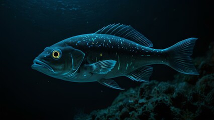 Fototapeta premium Bioluminescent Fish Glowing in a Dark Ocean Trench – Deep-Sea Life Exploration