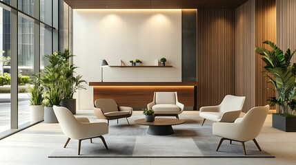 Fototapeta premium A stylish office lobby featuring comfortable chairs, wooden accents, indoor plants, and ample natural light from large windows, creating a welcoming and professional atmosphere.