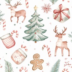Fototapeta premium Seamless Watercolor Pattern of Christmas Elements: Trees, Gingerbread Cookies, Candy Canes, and Reindeer in Soft Pastel Colors on a Clean White Background for a Cheerful Holiday Atmosphere