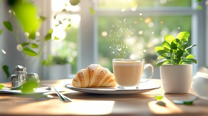 A warm breakfast scene featuring a fresh croissant, a cup of coffee, and natural sunlight, with greenery adding a peaceful touch.