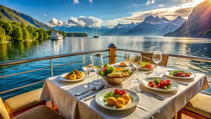 Fototapeta premium Savor exquisite culinary delights while cruising picturesque Lake Geneva, enjoying breathtaking views and gourmet dishes that elevate your dining