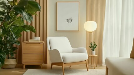 A modern living room featuring a white armchair, wooden furniture, indoor plants, and soft natural lighting, creating a serene, minimalist atmosphere.
