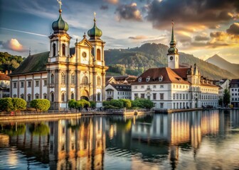 Fototapeta premium Scenic Jesuit Church and Waterfront View in Lucerne, Switzerland - Stunning Architecture and Serene Nature