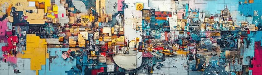 Fototapeta premium Aerial perspective capturing a bustling urban landscape adorned with magnificent street art, blending culture and creativity
