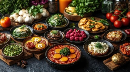 Fototapeta premium Culinary arts showcase a sprawling cryptocurrency landscape, dishes representing diverse digital currencies, colors of potential and creativity inspire