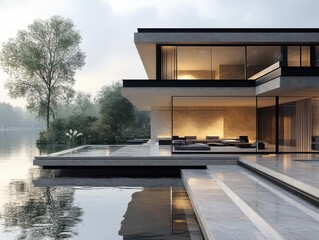 Obraz premium luxurious modern house with sleek lines and expansive glass walls, set against a picturesque lake landscape, radiating tranquility and sophistication, ideal for contemporary living