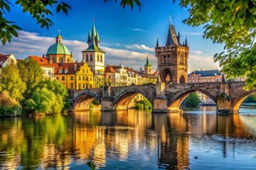 Naklejka premium Scenic View of an Old Czech Bridge with Lush Surroundings and Clear Sky for Stock Photography