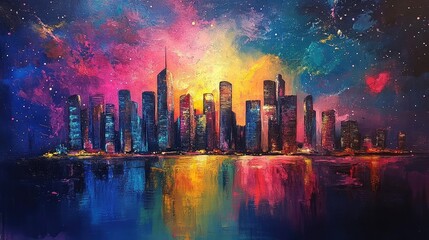 Obraz premium Eye-level angle, a vibrant city skyline merging with distant galaxies, abstract art style, bright colors and dynamic shapes
