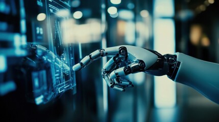 A highly detailed robotic hand interacts with a futuristic touchscreen, showcasing cutting-edge technology and artificial intelligence in action.