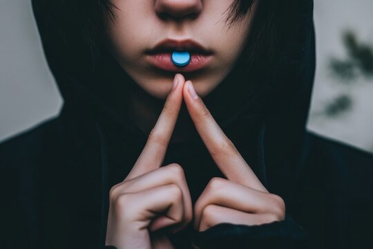 A moody portrait of an individual holding a blue pill near their lips, suggesting contemplation. The dark tones and focused composition add a dramatic touch.