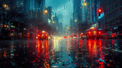 Rainy Night Cityscape: Blurred Lights and Reflections