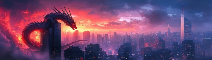 Obraz premium Side view of a dragon curling around a skyscraper, minimalist urban landscape, twilight glow, ethereal presence