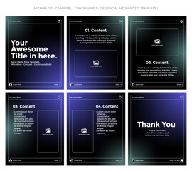 Microblog, carousel style, continuous slide. Social media posts template. Six page in portrait frame, seamless, minimalist style with gradient colors theme (black, oecan green and electric blue).