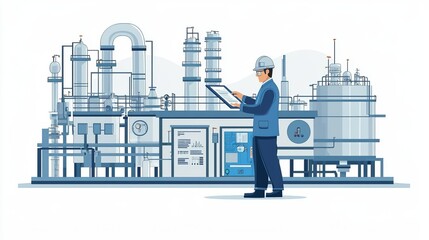 Chemical Process Engineer analyzing reactor system, vector illustration, blue and gray tones, isolated on white background