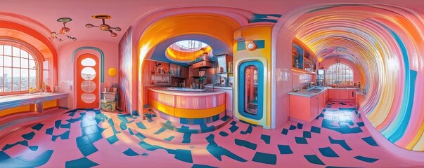 Worms-eye view of a vibrant utopian kitchen, drones capturing culinary masterpieces, swirling colors, harmonious designs