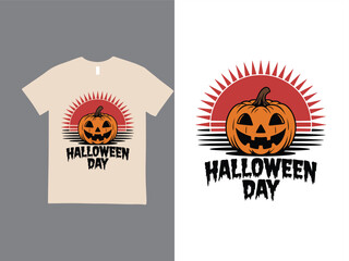 Halloween t-shirt design vector template. red sun, yellow pumpkin, with text Halloween day