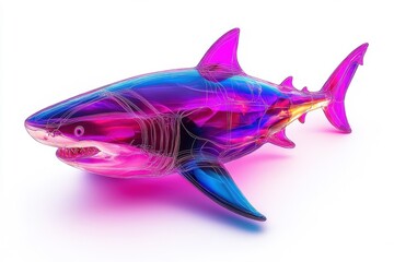 Fototapeta premium A neon style shark, isolate on white background, glowing with bright colors and contemporary appeal.