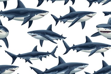 Flat style seamless pattern of sharks, isolate on white background.