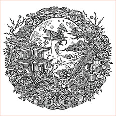 lunar new year Chinese dragon Dragon with round shield  out vector silhouette