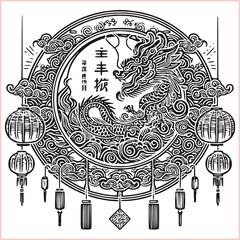 lunar new year Chinese dragon Dragon with round shield  out vector silhouette