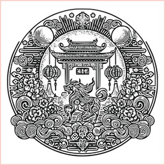 lunar new year Chinese dragon Dragon with round shield  out vector silhouette