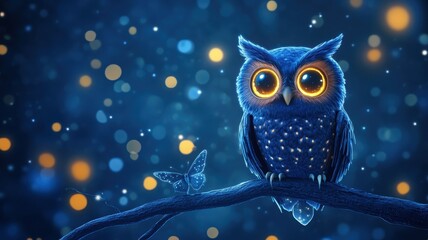 Obraz premium A whimsical blue owl with bright eyes perched on a branch, surrounded by magical glowing orbs in a dreamy night sky.