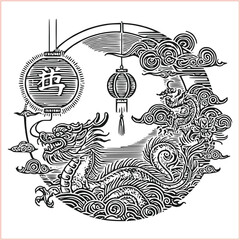 lunar new year Chinese dragon Dragon with round shield  out vector silhouette