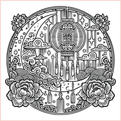 lunar new year Chinese dragon Dragon with round shield  out vector silhouette