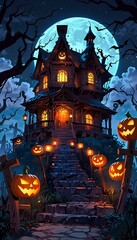 Creepy Haunted Mansion Surrounded by Twisted Trees and Glowing Pumpkins Under the Moonlight
