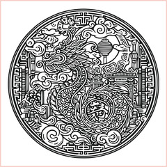 lunar new year Chinese dragon Dragon with round shield  out vector silhouette