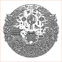 lunar new year Chinese dragon Dragon with round shield  out vector silhouette