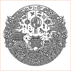 lunar new year Chinese dragon Dragon with round shield  out vector silhouette