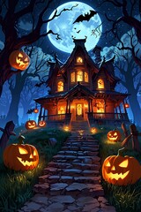 Creepy Haunted Mansion Surrounded by Twisted Trees and Glowing Pumpkins Under the Moonlight