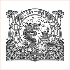 lunar new year Chinese dragon Dragon with round shield  out vector silhouette