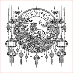 lunar new year Chinese dragon Dragon with round shield  out vector silhouette