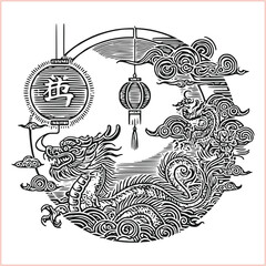 lunar new year Chinese dragon Dragon with round shield  out vector silhouette