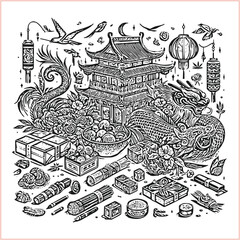 lunar new year Chinese dragon Dragon with round shield  out vector silhouette