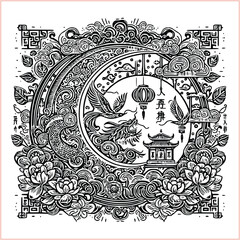 lunar new year Chinese dragon Dragon with round shield  out vector silhouette