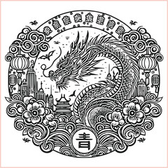 lunar new year Chinese dragon Dragon with round shield  out vector silhouette