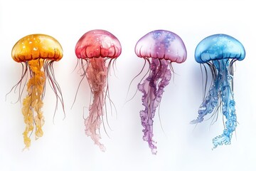 An abstract colorful jellyfish, isolate on white background, with dynamic forms and bold color combinations.