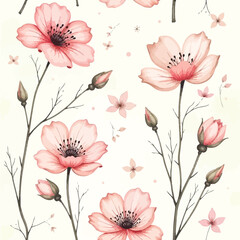 Watercolor Pink Flowers Floral Patterns Flat Illustration Backgrounds